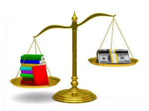 Books and money on scales. Isolated 3D image