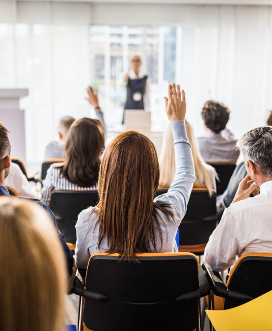Rear view of large group of business people raising arms on a seminar.