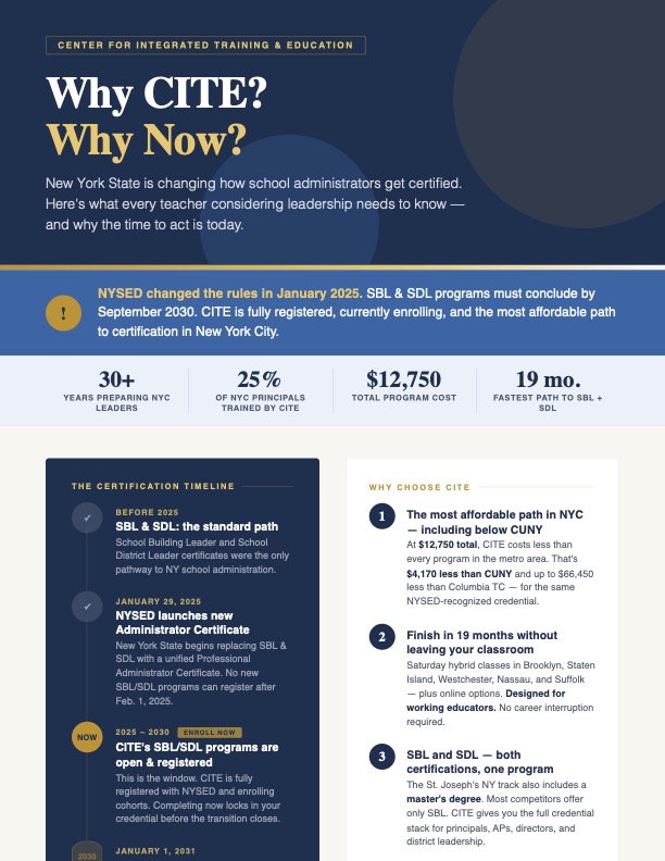 CITE — Why CITE? Why Now? — Page 1: NYSED 2030 SBL/SDL deadline, certification timeline, and key program facts