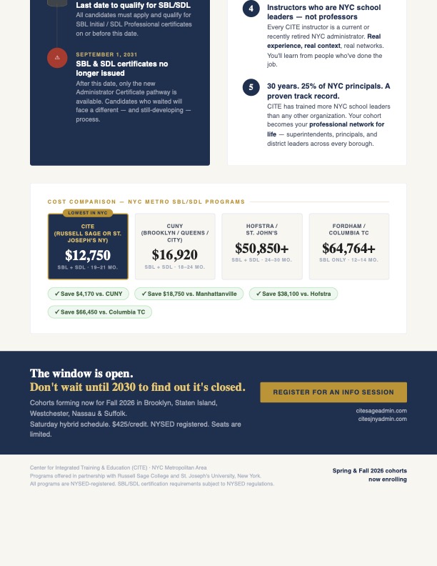 CITE — Why CITE? Why Now? — Page 2: NYC metro SBL/SDL cost comparison vs CUNY, Hofstra/St. John's, Fordham/Columbia TC; CITE is the lowest-cost option